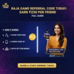 Image of a promotional graphic displaying a referral code for the Raja game, encouraging users to share and earn rewards.