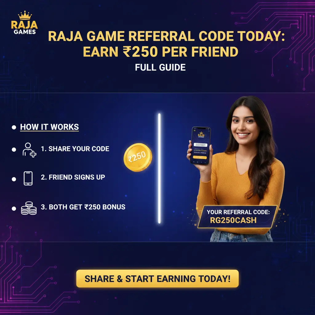 Image of a promotional graphic displaying a referral code for the Raja game, encouraging users to share and earn rewards.