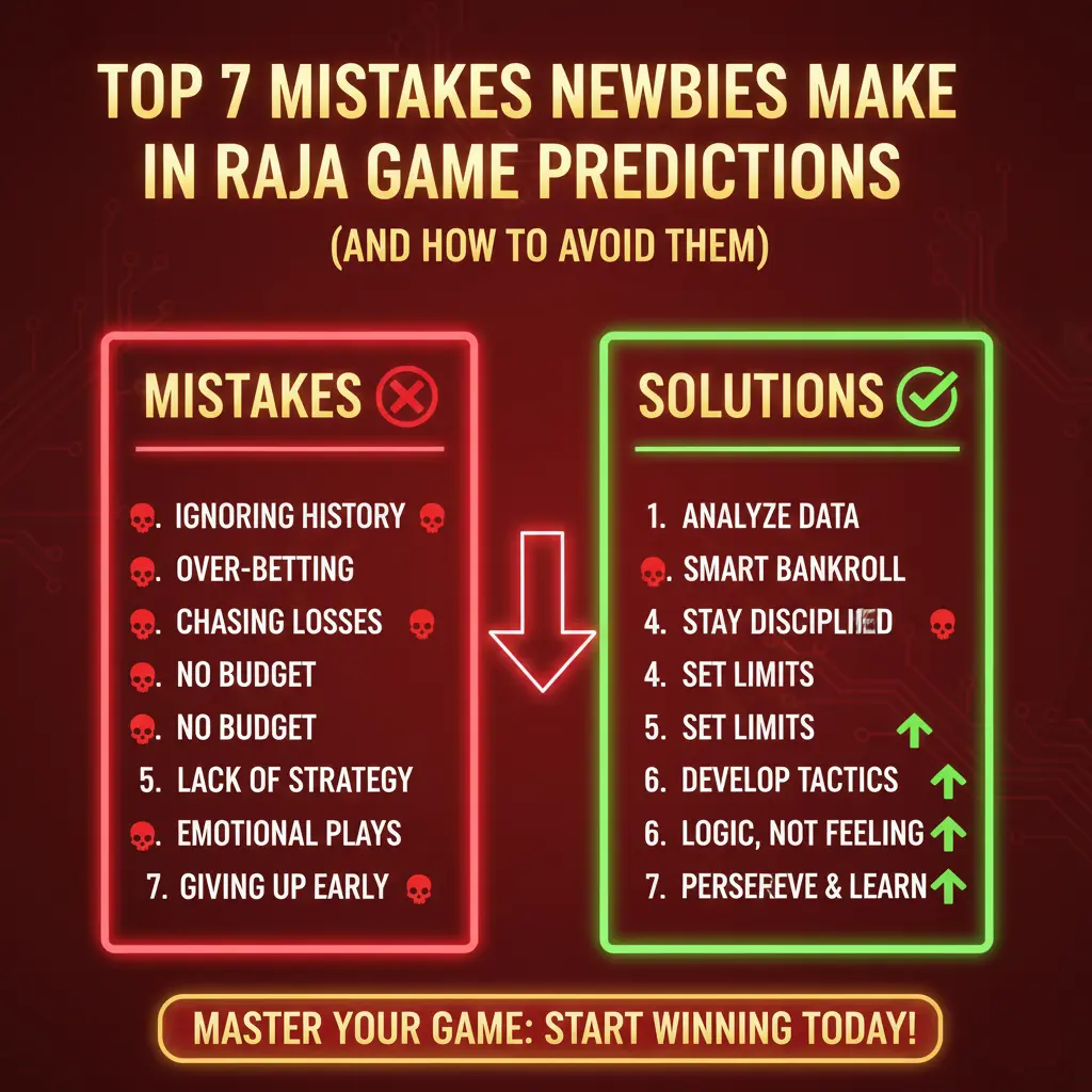 Infographic highlighting the top 7 mistakes beginners make in raagame predictions, with visual examples and tips.